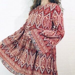 Sugar Lips Boho Mini Dress Aztec Tribal Print Red Bell Long flare Sleeve Sz LG